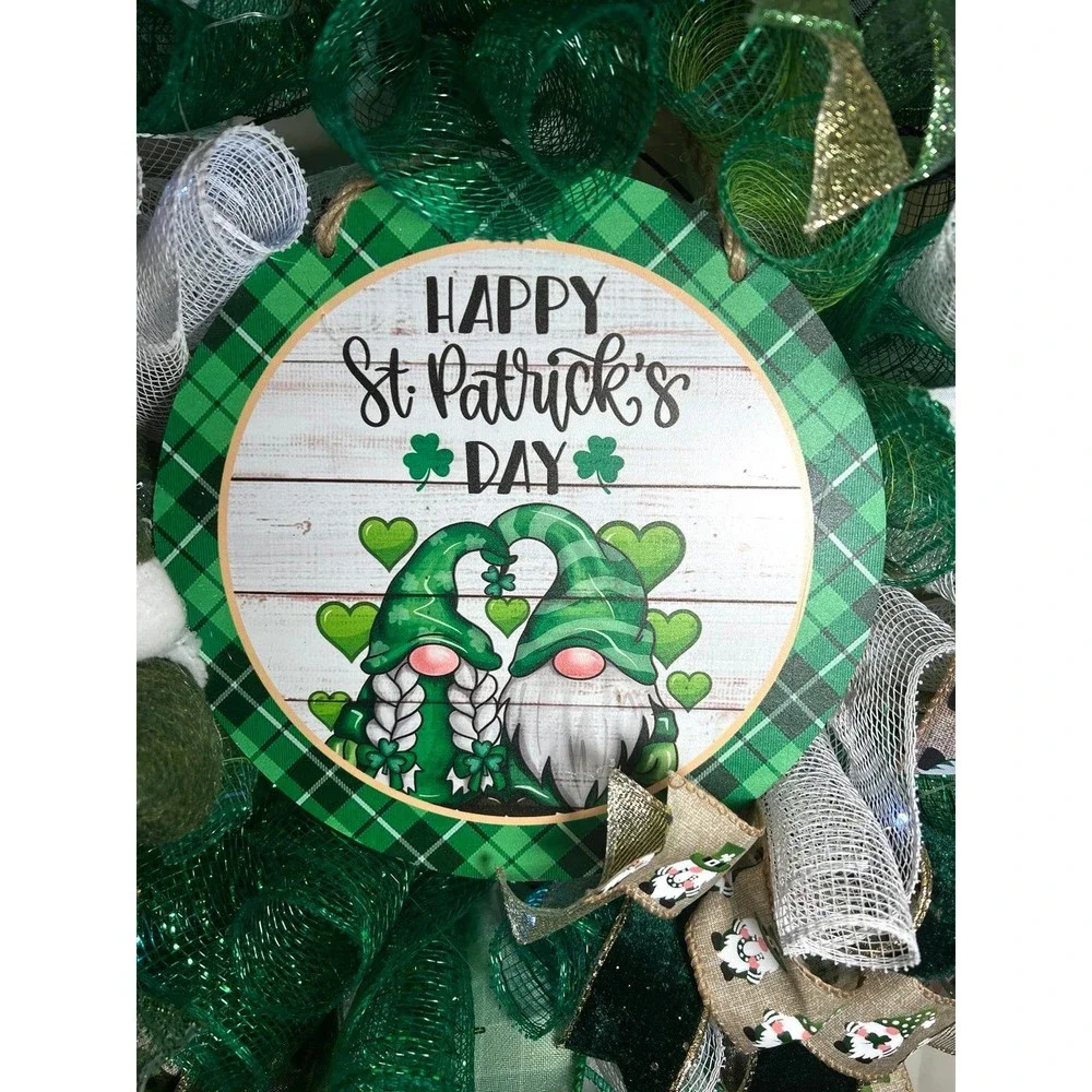 Handmade Happy St. Patrick’s Day Gnome Ribbon Prelit Wreath 22 ins LED W12